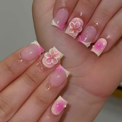 Viugex 24Pcs Blumen Press on Nails Kurz Eckig, Nude French Nägel zum Aufkleben, Natürlich Falsche Nägel Glänzend Gel Fingernägel zum Aufkleben, Full Cover Kunstnägel Fake Nails für Frauen Mädchen
