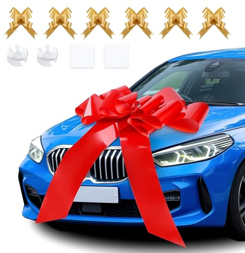 ECVUKQ Geschenkschleife Groß, Autoschleife Rote 80 x 76 cm Schleife Riesige Große Schleife für Auto mit 2 Saugnapf 6 Goldene Kleinen Schleifen für Auto Fahrrad Hochzeit Geburtstage