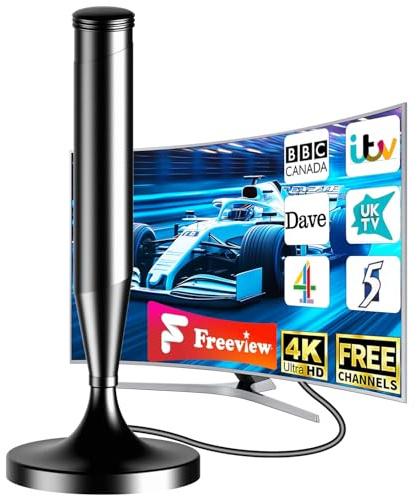 Indoor TV Aerial for Freeview & Freeview HD, Digital HD TV Aerial with 360° Reception, Magnetic Base, Strong Signal, Supports 4K/1080P, Easy Setup for Smart & Older TVs, 5m Cable