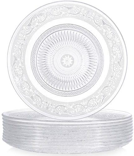 Teecyhooo 10 Pcs 11.8 Inch Acrylic Crystal Dinner Plates, Clear Round Plastic Serving Platter Trays Vintage Dragon and Phoenix Embossed Dinnerware for Serving Food Salad Pasta Fruit Home Party Wedding