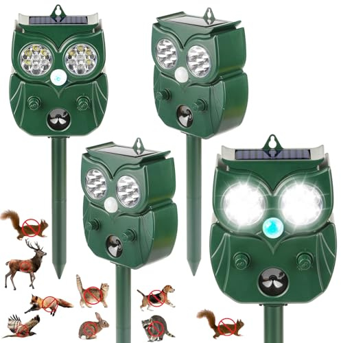 4 Pack 2026 Ultrasonic Animal Repellent Outdoor Deer Repellent Devices Solar Animal Repeller Motion Activated Deterrent to Scare Cat Squirrel Rabbit Raccoon Skunk with LED Flash Lights for Yard Lawns