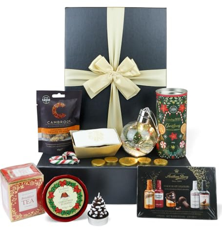 DelightBox Premium Festive Luxury Christmas Food Gift Hamper Box with Tea Peanuts Biscuits Chocolate Liqueurs Pudding Bauble & Candle | Xmas Gift for Adults & Families - Winter Celebration Treats