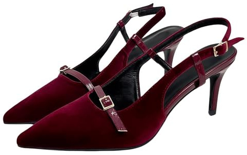 FQLGJMY Dam spetsig tå slingback klackar lappverk patent stilett slip-on pumpar med spänne rem klänning arbetsskor för våren sommaren 8,9 cm, Ihålig röd mocka, 37.5 EU Smal