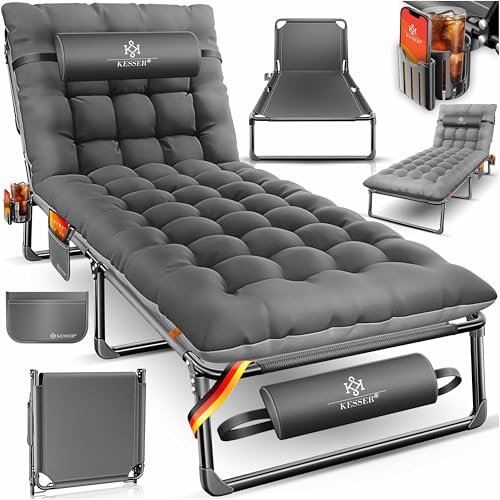 KESSER® Campingbett Feldbett klappbar 190x68x30cm bis 250kg belastbar aus Oxford-Gewebe & stabilem Stahlgerüst, Sonnenliege für Camping inkl. Tragetasche, Nackenkissen, Seitentasche & Getränkehalter