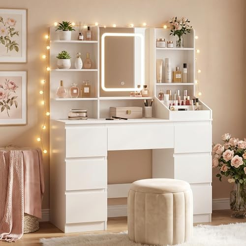 HOOBRO Schminktisch mit Ladestation (2X Steckdose, 1x USB-A, 1x Typ C), Schminktisch mit LED-Licht, 7 Schubladen, 5 offenen Fächern, inkl. Spiegel, für Schlafzimmer, Ankleidezimmer, Weiß