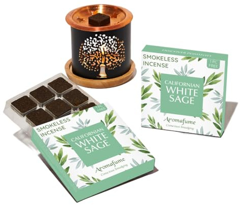 White Sage Smokeless Incense Bricks & Tree of Life Burner, Aromafume | 2 x 9 Bricks | Made with Salvia Apiana (White Sage) Extracts | Ideal for Positivity & Cleansing | Natural & Non-Toxic