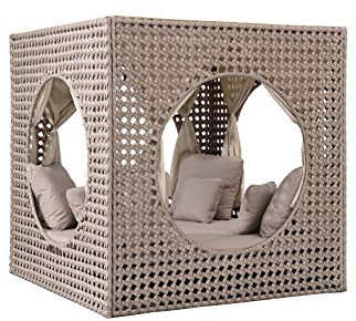Strandkorbwerk Liegeinsel Cube Diamond Daybed Cappuccino mit Vorhängen Liege Loungemöbel Gartenlounge Polyrattan