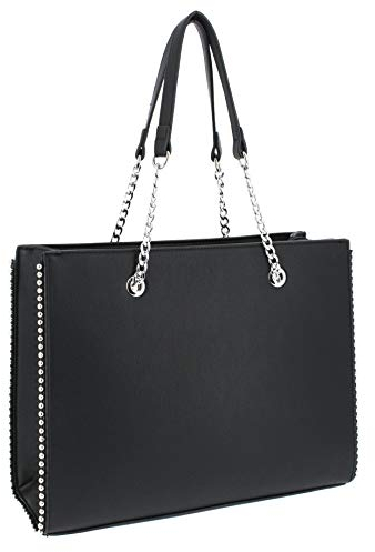 Sac à Main Femme Chaîne Perle Bille Clou - Cours Grand Format A4 Lycée - Cabas Shopping Fourre-Tout Taille XL - Sac Ville Porté Epaule PU Cuir - Chic et Tendance - Noir Classique