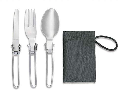 Set de Cubiertos de Camping Barbaric, Incluye Tenedor, Cuchara y Cuchillo Plegable, Material de Acero INOX, con Funda de Nylon