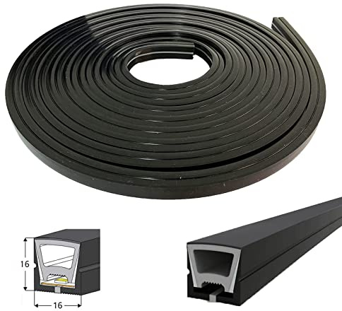 ANSUNTRON Black Silicone LED Channel System 16.4Ft/ 5M, 16x16mm Anti-Dazzle Flexible Tube for DIY Neon Light Box Enclosed IP67 Water & Dust Proof for 10mm Bendable LED Strip