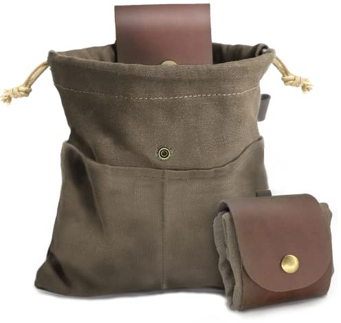 Foraging Pouch Leather Canvas Collapsible Bag Water Resistant Outdoor Camping Storage Folding Bag Mushroom Bags Bushcraft Belt Tinder Dump Pouches for Travel Camping Hiking Bag