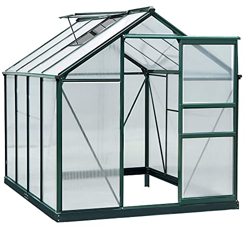 Outsunny Gewächshaus Aluminium Treibhaus mit Dachfenster Tür 190 x 252 x 201 cm Pflanzenhaus mit Fundament begehbares Tomatenhaus Witterungsbeständig Polycarbonat Grün+Transparent