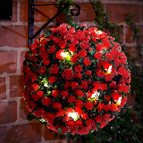 MantraRaj 28CM Solar Powered Topiary Ball 20 LED Flower Lights Dual Function Garden Sphere Great For Outdoor Decorations For Wedding Artificial Plant Backyard Balcony Garden Decor (Red)
