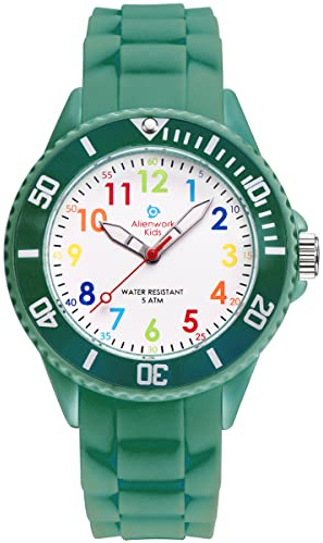 Alienwork Kids Reloj de Aprendizaje Infantil Niño Niña Verde ejército Pulsera de Silicona Abigarrado niños Impermeable 5 ATM Tiempo de Aprender