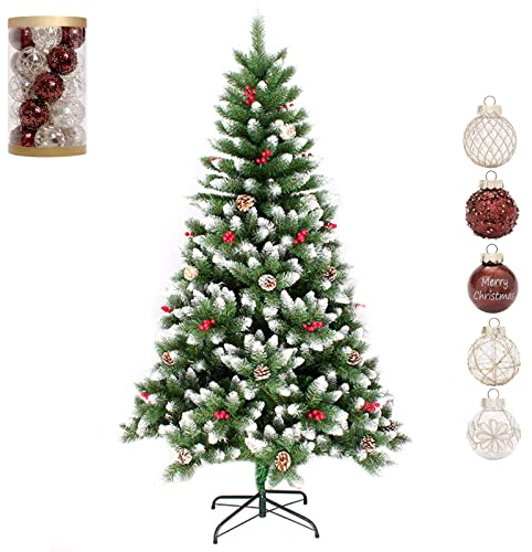 Künstlicher Weihnachtsbaum Tannenbaum Mit Schnee Zapfen Und Weihnachtskugeln, Christmas Tree Mit Schnellaufbau Klappsystem, Inkl. Christbaum Ständer Für Weihnachten-Dekoration Mehrweg,210cm
