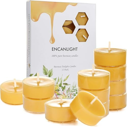 ENCANLIGHT Bienenwachs-Kerzen, Teelichter, 100 % reines, natürliches Bienenwachs, Teelichter, sauberes Brennen, 12 Stück