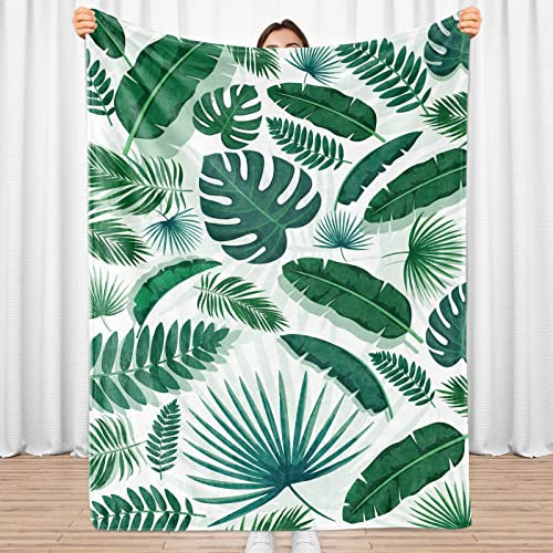 Sowide Leaf Blanket, Green Throw, Soft Monstera Palm Tropical Flannel, White Forest Jungle Plant Cozy Plush for Adult Teens, Sofa Bed Office, 130x152cm