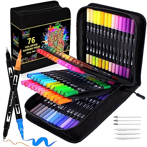 Efimeso 76 Filzstifte Kinder Set Pinselstifte Mit Etui, Doppelspitze Farbige Stifte Fineliner Dual Brush Pen Set Maker Filzstifte Für Erwachsene Malerei Skizzieren Hervorhebung Lettering