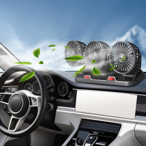 Ventilatore elettrico per auto Riloer 5V / 12V / 24V, ventilatore d'aria portatile a tre teste, ventilatore di circolazione dell'aria di rotazione a 360 °, USB/accendisigari alimentato