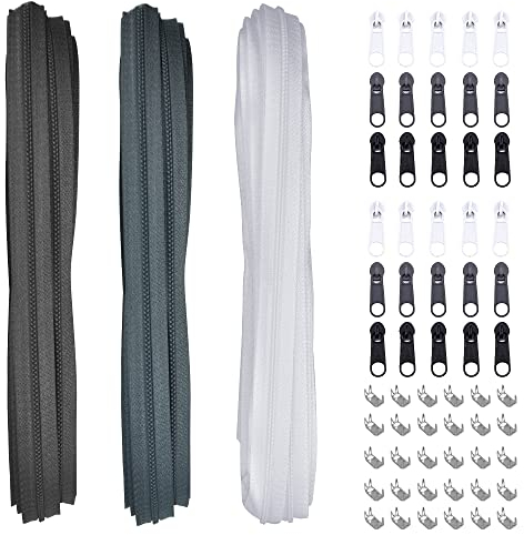 DOUSELLA 3 Farben Endloses Reisverschluss Endlosreißverschluss mit 30 stück Zipper, 30 stück Endstück Nylon Reißverschlüsse 2,5cm breit Reissverschluss Reparatur Set für Kleidung Tasche Bettwäsche