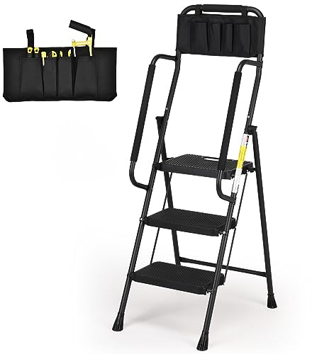 HBTower Step Ladder with Handrails, Folding Step Stool with Attachable Tool Bag & Anti-Slip Wide Pedal for Home Kitchen Pantry Office, Black