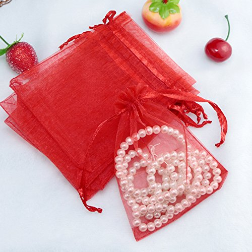 SYSUII 100 Stück Organzasäckchen,15x20cm Organzabeutel Säckchen Geschenkbeutel Organza, Schmuckbeutel Hochzeit-Säckchen mit Kordelzug Für Festival süßigkeiten Party Und Hochzeit Weihnachten-Rot