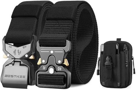 BESTKEE 2er Herren Taktischer Gürtel, 3.8cm Gürtel Herren, Militär Wandern Arbeitgürtel, Geschenk mit taktischem Molle-Beutel