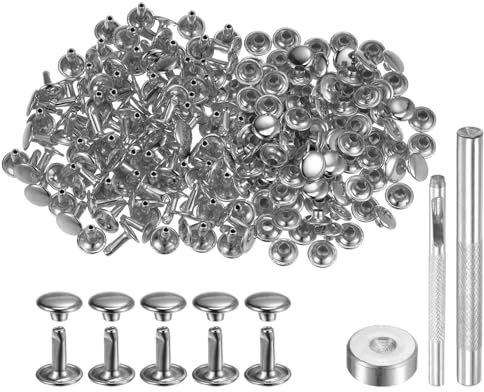 QUARKZMAN 100 Stück 10 x 9mm Leder Nieten, Runde Doppelkappe Tubular Metall Hohlnieten mit Werkzeugen, Zubehör Rücknieten für Lochzange Gürtel Dekoration Kleidung DIY Handwerk (Silber)