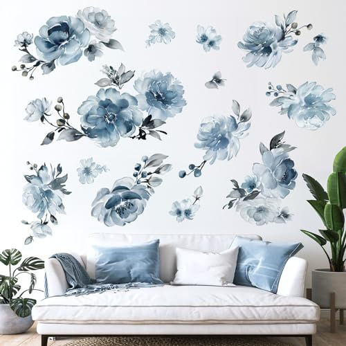 decalmile Wandtattoo Blumen Groß Blau Wandaufkleber Pfingstrose Blüten Aquarell Wandsticker Wohnzimmer Schlafzimmer Sofa Hintergrund Wanddeko