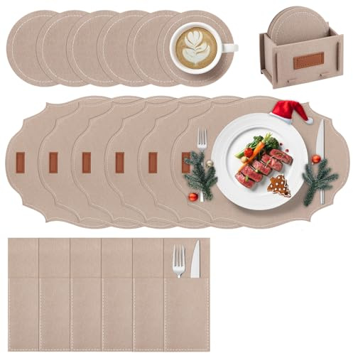 Witnewrage Filz Platzsets Abwaschbar, Rutschfest Platzdeckchen - 19er Set: 6 Tischsets, 6 Untersetzer, 6 Bestecktasche, 1 Filzbox - Polygon, Beige