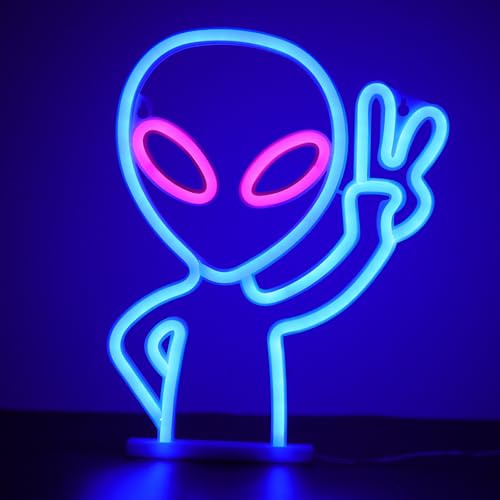 WIOSOUL Blue Alien Neon Sign - LED Wall Decor with 2 Hooks for Bedroom - USB/3*AA Powered Light Up Sign - Bar Party Hip Hop Home Decor (Blue/Pink)