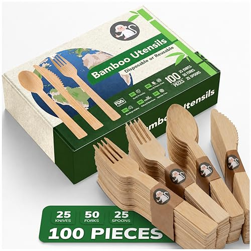 Albino Monkey Einweg Bambus Besteck Set – 100 Stück (50 Gabeln, 25 Löffel, 25 Messer) – nachhaltiges Einweg-Holzbesteck, 100 % natürlichem Bambus – robust & kompostierbar für Party, Camping & Picknick