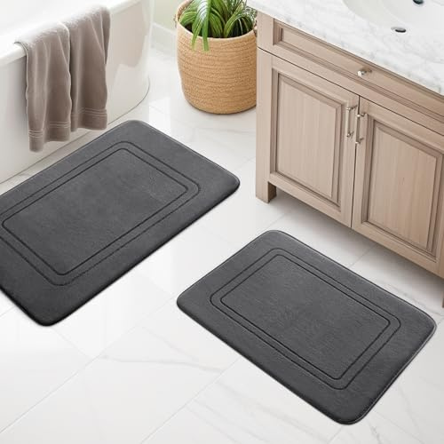 chakme Set di tappeti da bagno, 2 pezzi, morbido tappetino da bagno in memory foam, antiscivolo, lavabile, set di tappeti da bagno, per WC, doccia e vasca da bagno, grigio scuro