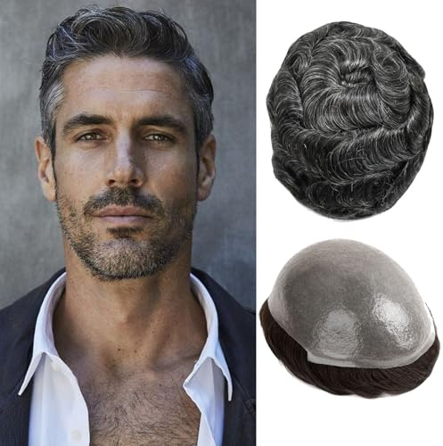 Ehairc Toupet für Männer 0.04-0.06mm Dünne Haut Doppelte Knoten Herren Toupet Langlebig 100% Human Hair System für Männer Perücke Basisgröße 8x10 Zoll 120% Dichte（1B30#）