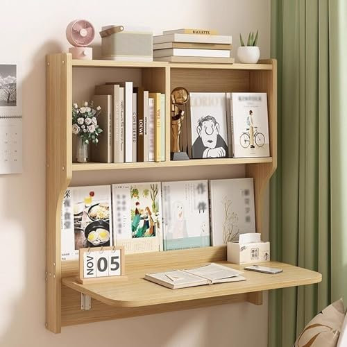 Wandklapptisch aus Holz mit Regal, Klapptisch Wandmontage Platzsparender, Schreibtisch Klappbar(Natural)