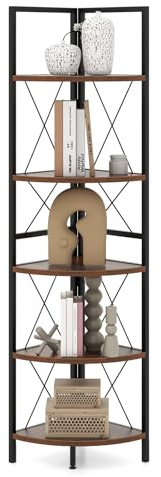 COSTWAY 4/5/6-Tier Corner Shelf, Freestanding Bookshelf Ladder Shelving Unit, Wooden Storage Bookcase Display Rack Plant Stand for Living Room, Bedroom, Hallway and Office (5-Tier, Rustic Brown)