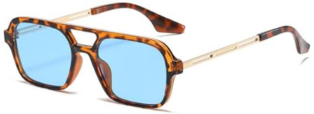 qinqilanqi-S Trendy Vintage 70s Square Sonnenbrille für Frauen und Männer Metall Design, Double Bridge UV-Schutz (Leopard/blau)