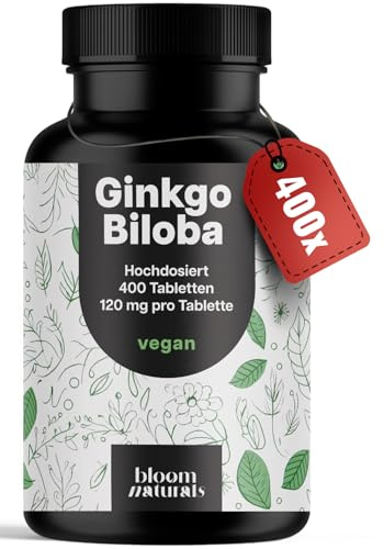 Ginkgo Biloba Tabletten hochdosiert – 400 Tabletten – 6000mg davon 120 mg | Ginko Biloba leicht schluckbar alternative zu Kapseln – vegan, laborgeprüft