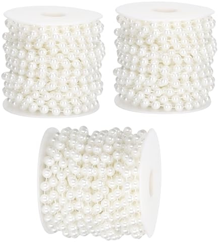 SEUICYNE 3 Rollen 8 mm Perlenband, 10 m/Rolle Perlenketten, Weiß Perlenkette Deko Angelschnur Perlengirlande Creme Perlenschnur Dekokette für Weihnachten DIY Girlande Deko Weihnachtskette