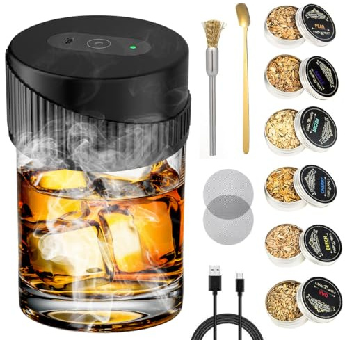 LOMUG Whiskey Smoker Set, Elektrischer Cocktail Smoker Kit mit 6 Holzchips, Old Fashioned Whisky Raucher Zubehör für Getränke und Bourbon, Kaffee, Fleisch-Walnuss, Geschenk für Vater, Ehemann