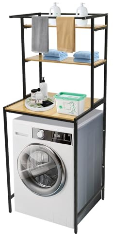 Mermajestic Armoire de rangement pour machine à laver, 65 x 60 x 176 cm, étagère de rangement avec étagère à 3 niveaux, noire et aspect bois, capacité de charge de 10 kg, pour détergent, cosmétiques
