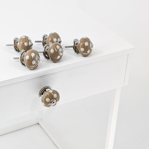 Knober 6er SET | 6 Stück Keramik Möbelknöpfe für Schrank und Schublade | Erdfarbe mit weißen Punkten Silber Montur Coffee