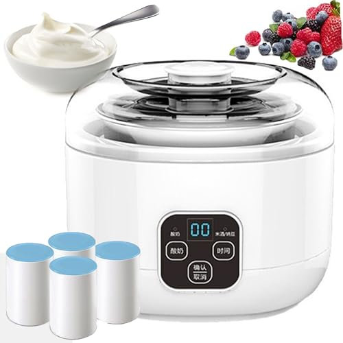 WuDLi Ultimativer Joghurtbereiter, 1000Ml Automatischer Joghurtbereiter mit 4 X 200Ml Keramikbechern, Led Display, 360° Thermostatische Fermentierung und Timer, für zu Hause Joghurt, Käsebereiter