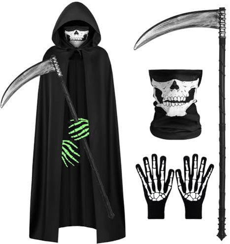 AOOWU Capa Negra con Capucha, Capa de la Muerte, Disfraz de Parca con Máscara de Calavera, Guantes Que Brillan en la Oscuridad y Hoz, Disfraz la Muerte de Halloween Carnaval Fiesta Cosplay