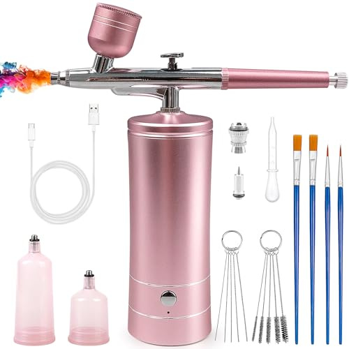 Airbrush Kit mit Kompressor, Airbrush Set, tragbar, kabellos, wiederaufladbar, Hand-Airbrush-Pistole für Nägel, Make-up, Malerei, Kuchendekoration, Rosa