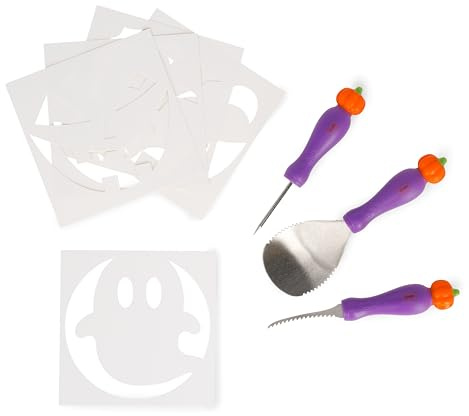 Legami - Kürbis Schnitzset Halloween, 8 Teile, Kreative Schnitzwerkzeuge, DIY Werkzeuge, Kürbisaushöhlung Set, Messer, Löffel, Stechahle, 5 Schablonen inklusive