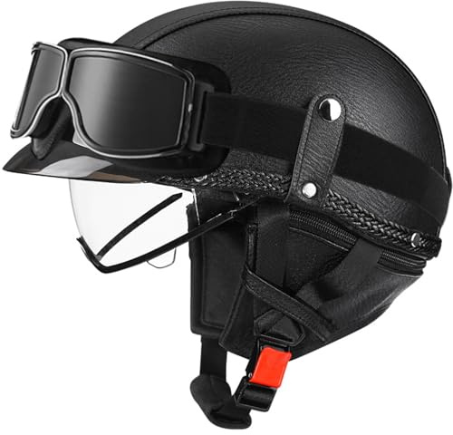 Retrò Jet Tedesco Pelle Caschi Cromwell Motociclista ECEDOT Omologato Mezzo Moto Caschi Demi-Jet Con Fibbia Sgancio Rapido Casco A Scodella Universale Uomo Donna 20,XXL:63-64CM