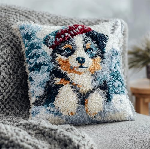 Taxpy Diy Knüpfteppich Zum Selber Knüpfen 1 Set Knüpfpackung Hund Im Schnee43X43Cm Für Kinder & Erwachsene Kissenbezug Knüpfkissen Knüpfset Teppich 3D-Stickblumen Erwachsene Kinder
