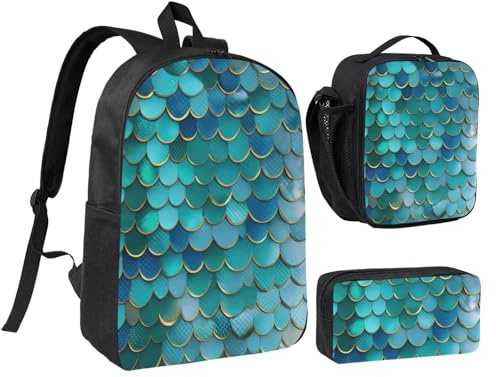 LXqlSS Mochila con estampado de escamas de sirena para uso diario, juego de mochila de 3 piezas con lonchera y estuche para lápices