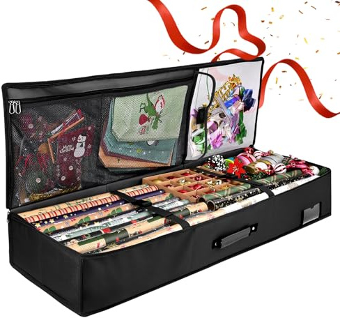 Geschenkpapier Aufbewahrung,Groß Geschenkpapier Organizer 95x35x16 cm,Wasserdichtes 600D Oxford Gewebe Geschenkpapier Aufbewahrung Organizer, Aufbewahrung Geschenkpapierrollen mit Fächern (Schwarz)